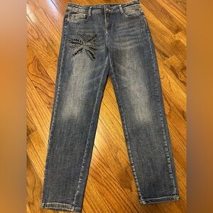 EUC LADIES XL MELANIE LYNE STRETCH STRAIGHT LEG JEANS WITH SEQUIN PALM TREE